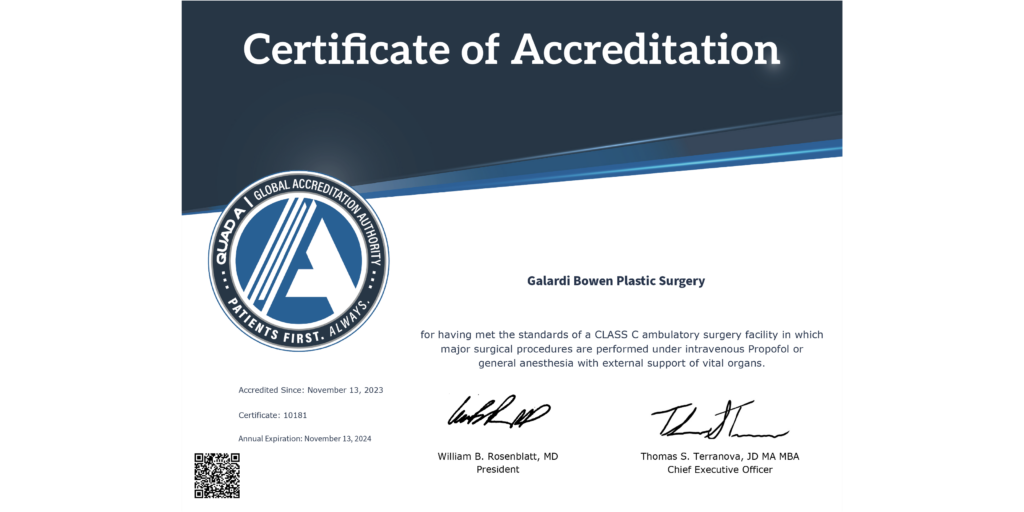 Certificate of Quad A Accreditation for Galardi Bowen Plastic Surgery.