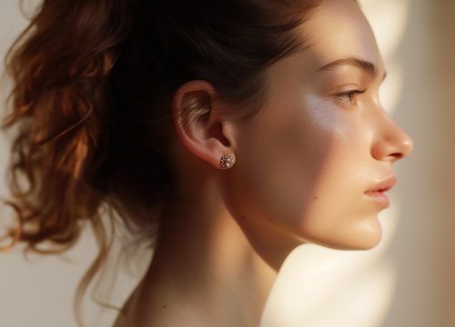 Photo of a woman's side profile. She is wearing earrings.